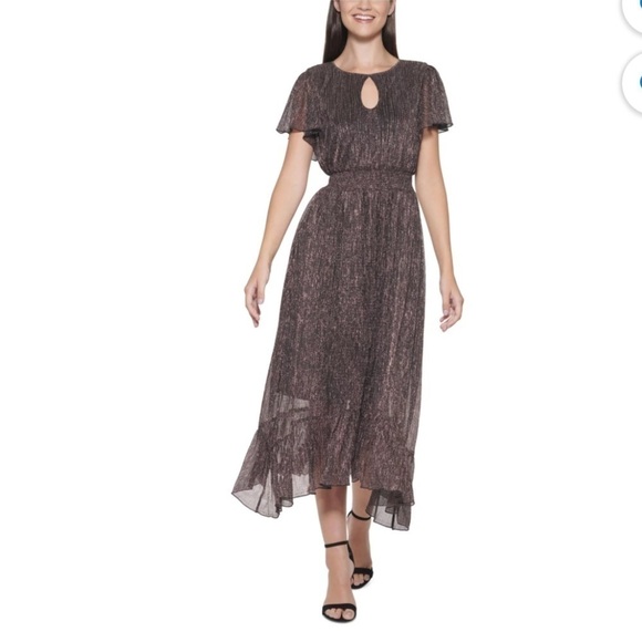Kensie Black and Bronze Metallic Smocked Midi Dress Small - Picture 1 of 13
